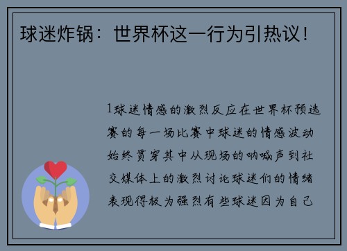 球迷炸锅：世界杯这一行为引热议！